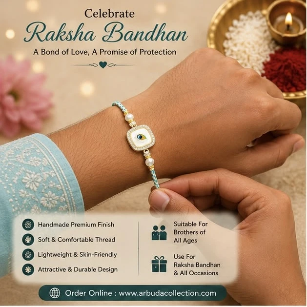 premium Rakhi features a square evil eye charm with a white pearl on each side and a light blue thread