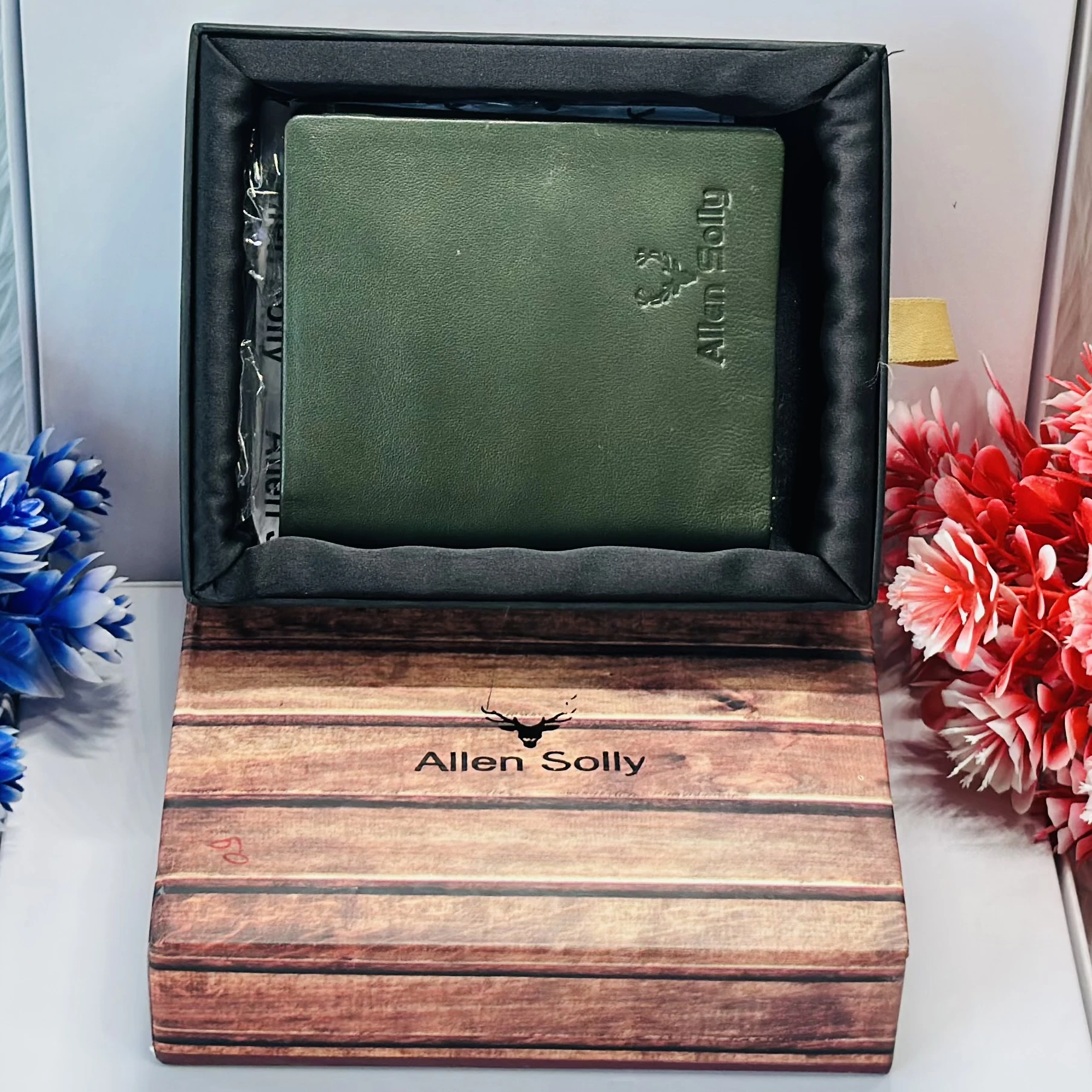 Allen Solly men's green leather bifold wallet presented in a gift box.