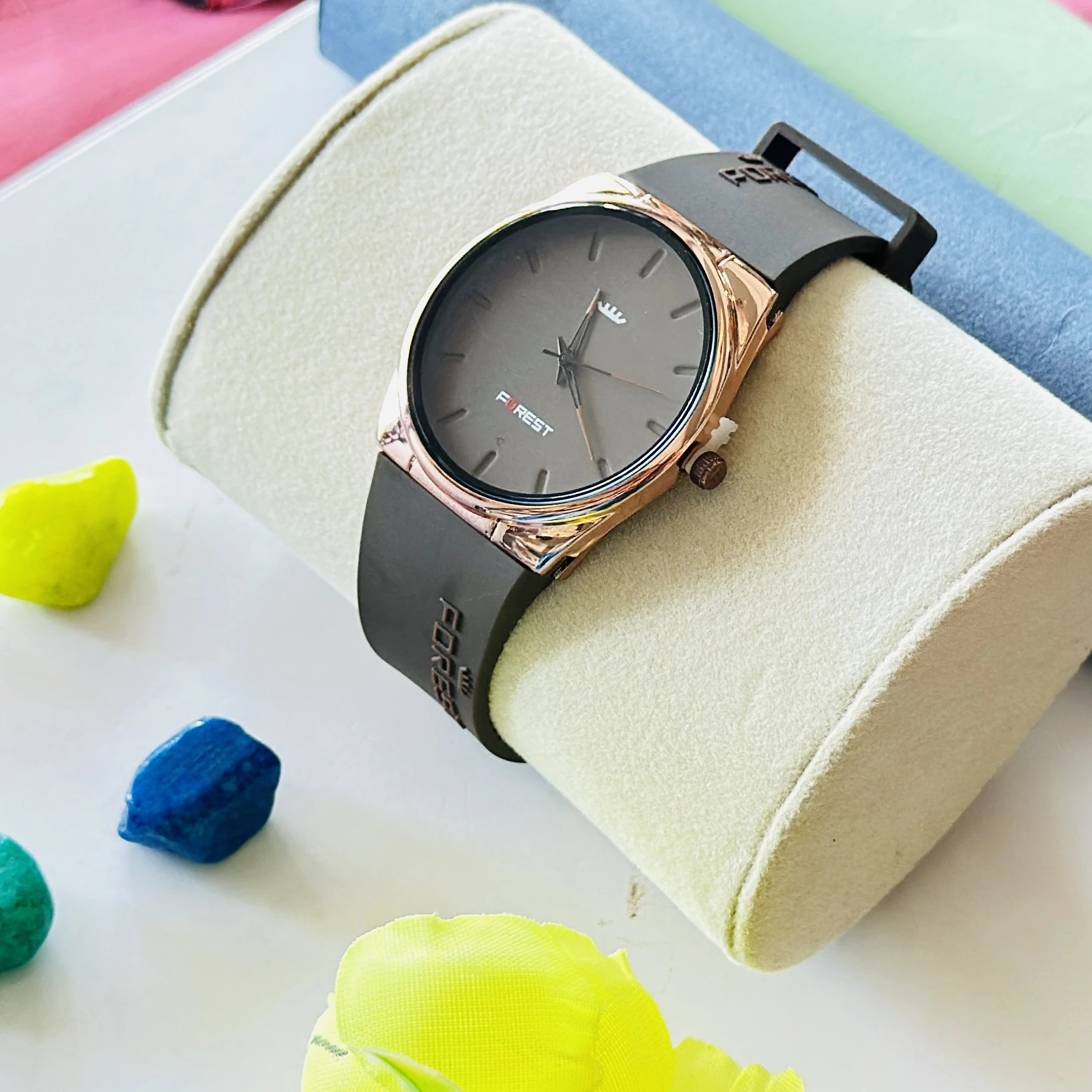Forest Men's Analog Watch featuring a rose gold-toned round dial and a brown silicone strap