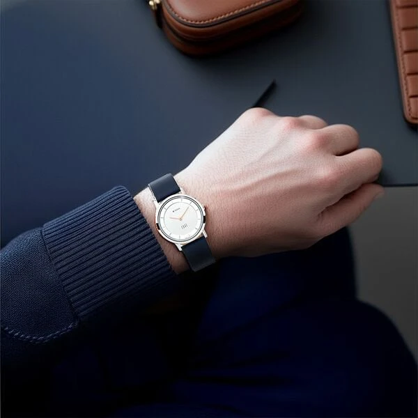 Quartz Analog Silver Dial Navy Blue Leather Strap Watch For Men - NT1595SL06