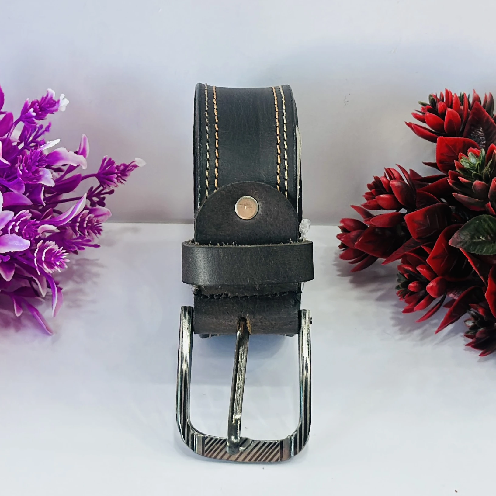 Black genuine leather men's belt