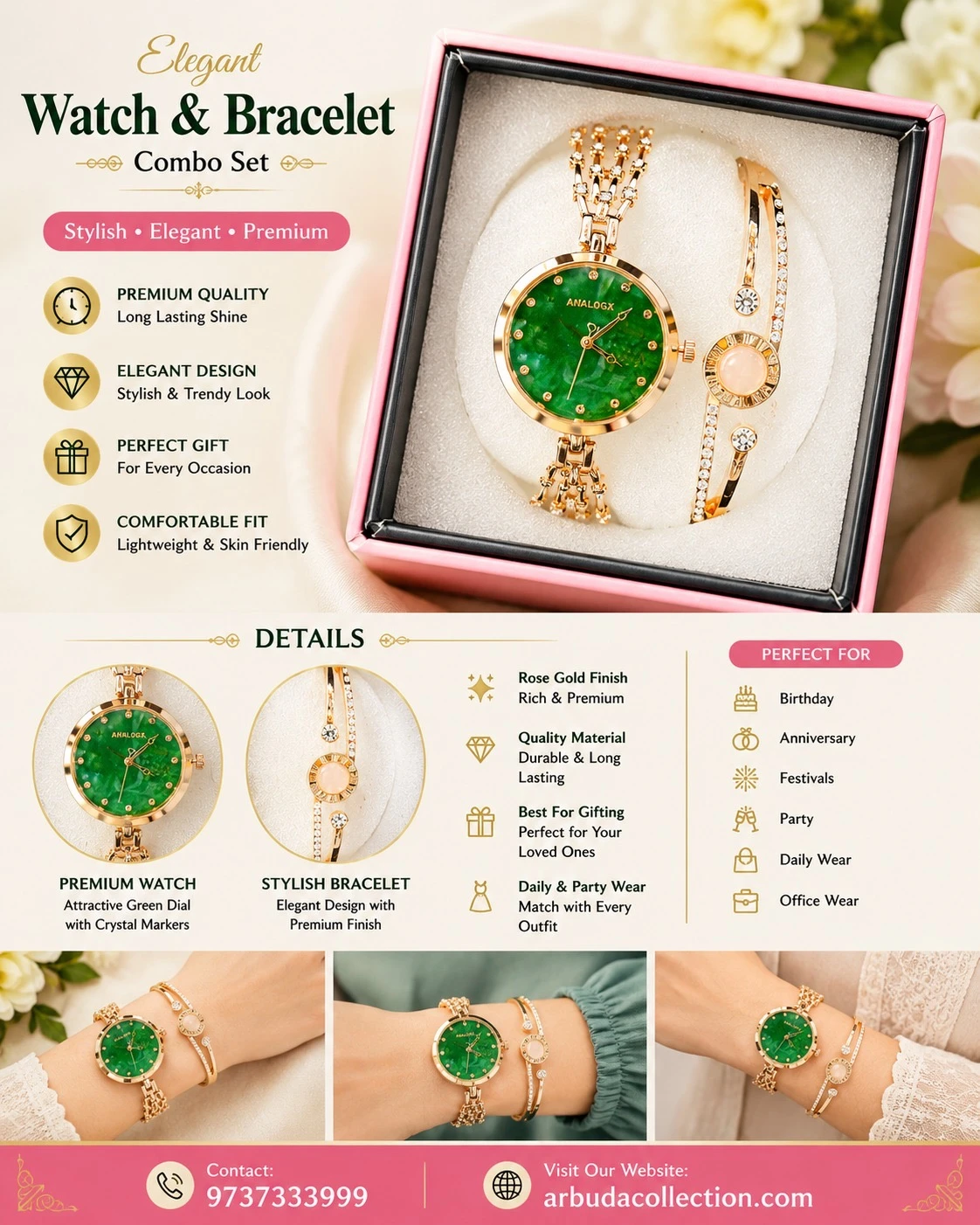 elegant rose-gold women's watch features a striking textured green dial and a multi-strand crystal bracelet strap.