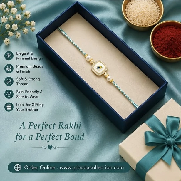 premium Rakhi features a square evil eye charm with a white pearl on each side and a light blue thread