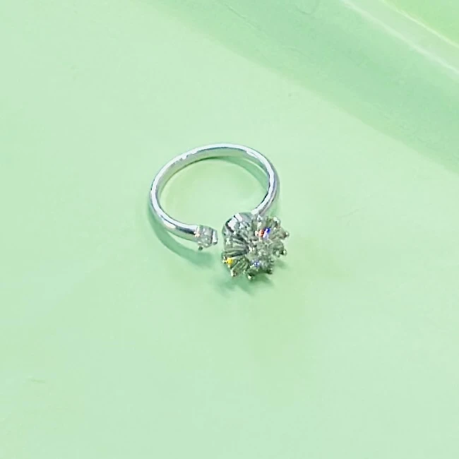 Silver toe ring featuring a white zircon floral design.