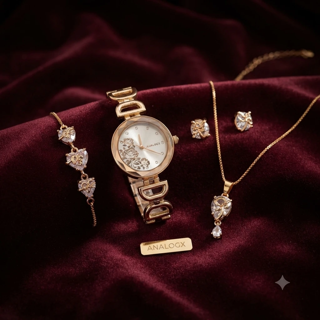 Rose  gold-tone women's analog watch, bracelet, necklace, and matching stud earrings gift set