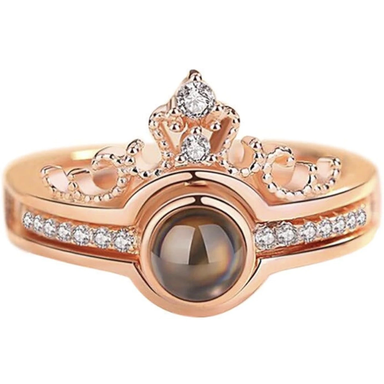 crown-design "I Love You" in 100 languages projection ring, often made from a zinc alloy or artificial material.