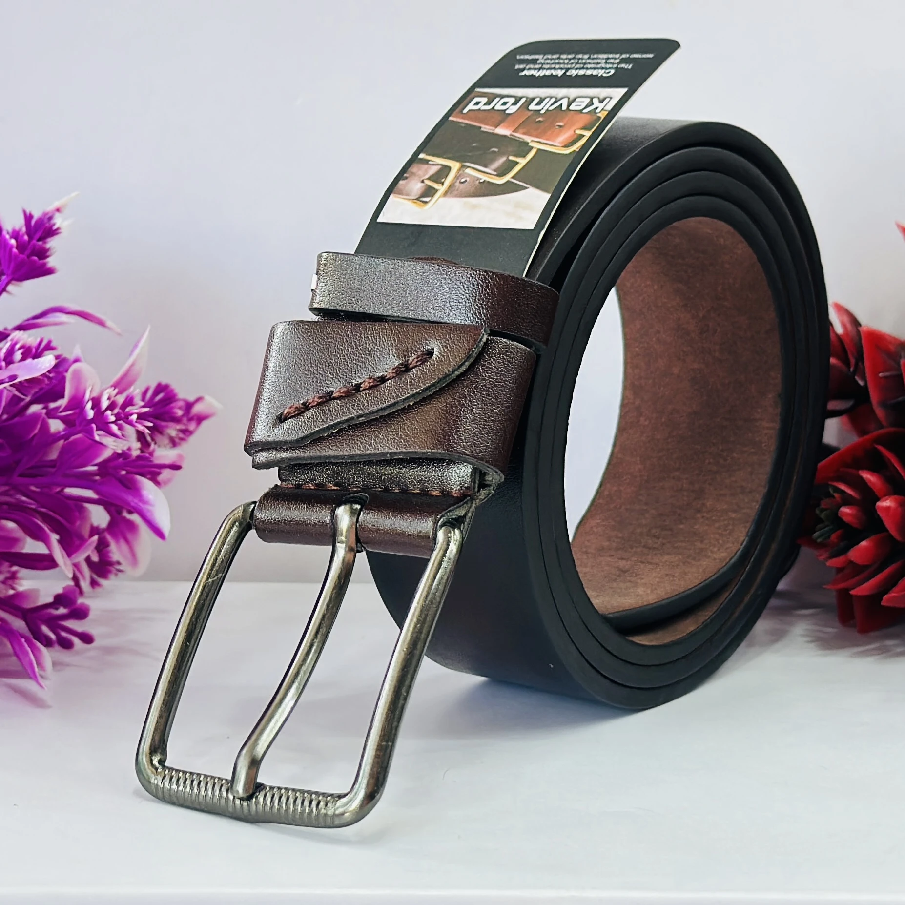 Brown leather men's belt
