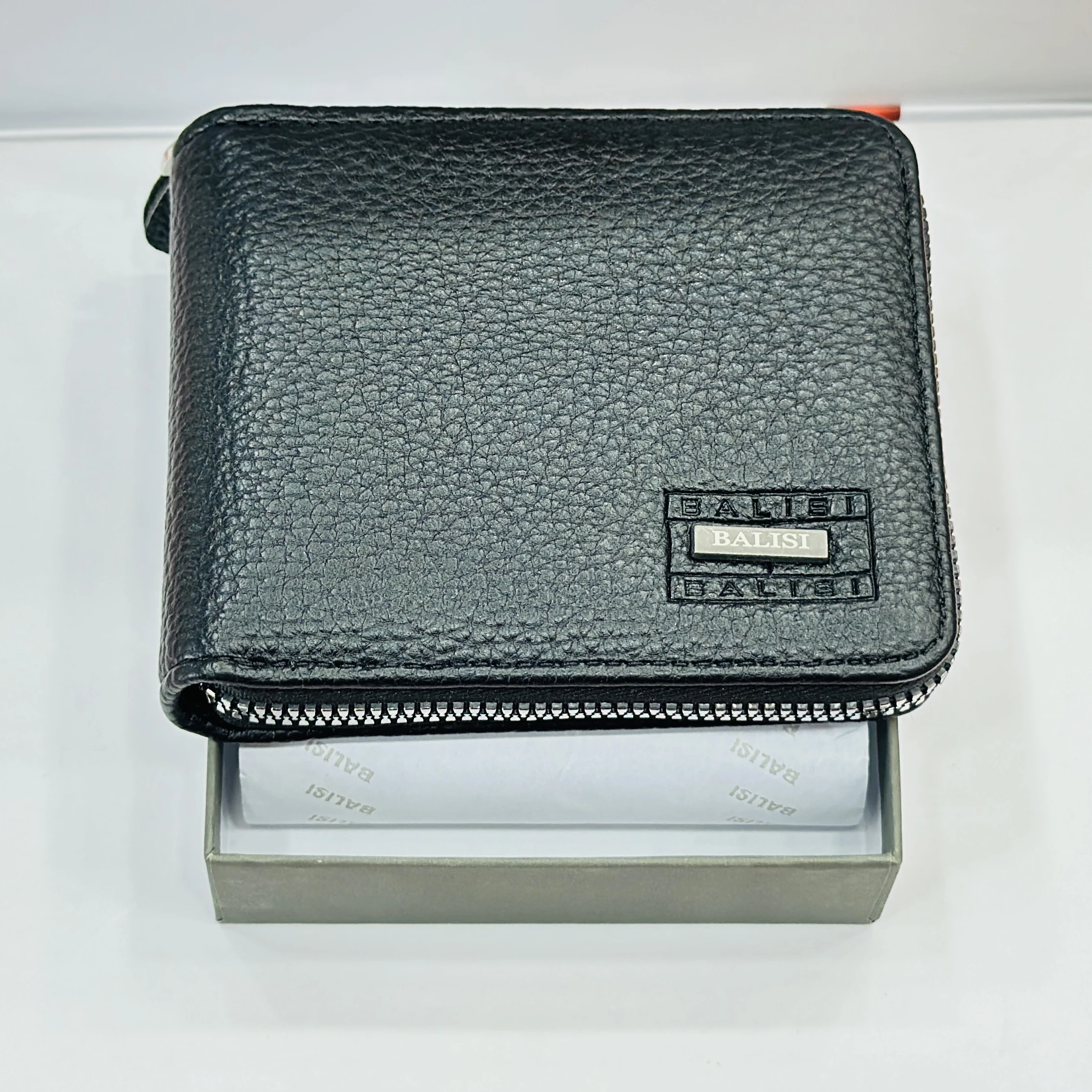 Black Balisi textured leather zip-around wallet for men.