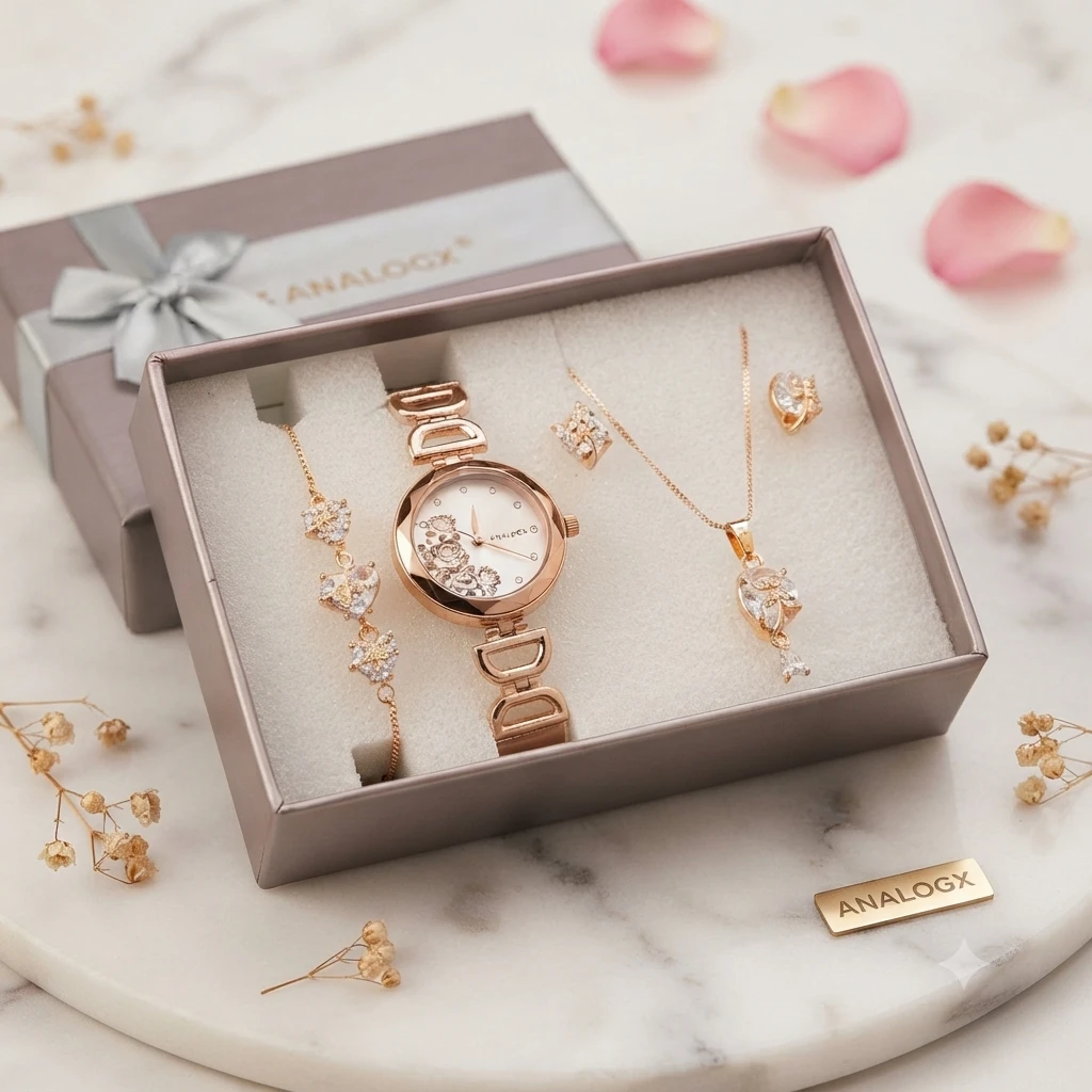 Rose  gold-tone women's analog watch, bracelet, necklace, and matching stud earrings gift set