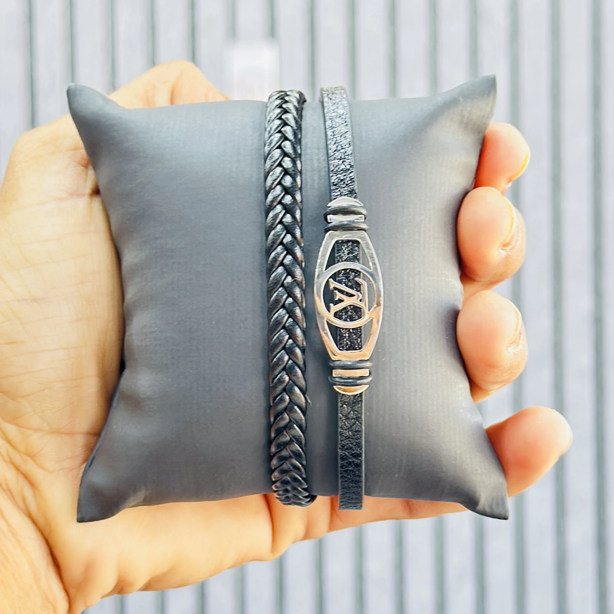 men's stainless steel and leather wraparound bracelet