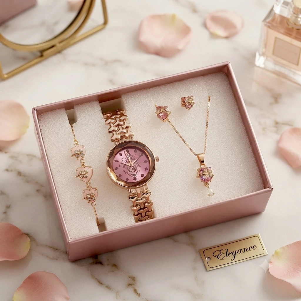 an elegant rose-gold women's watch and jewelry gift set