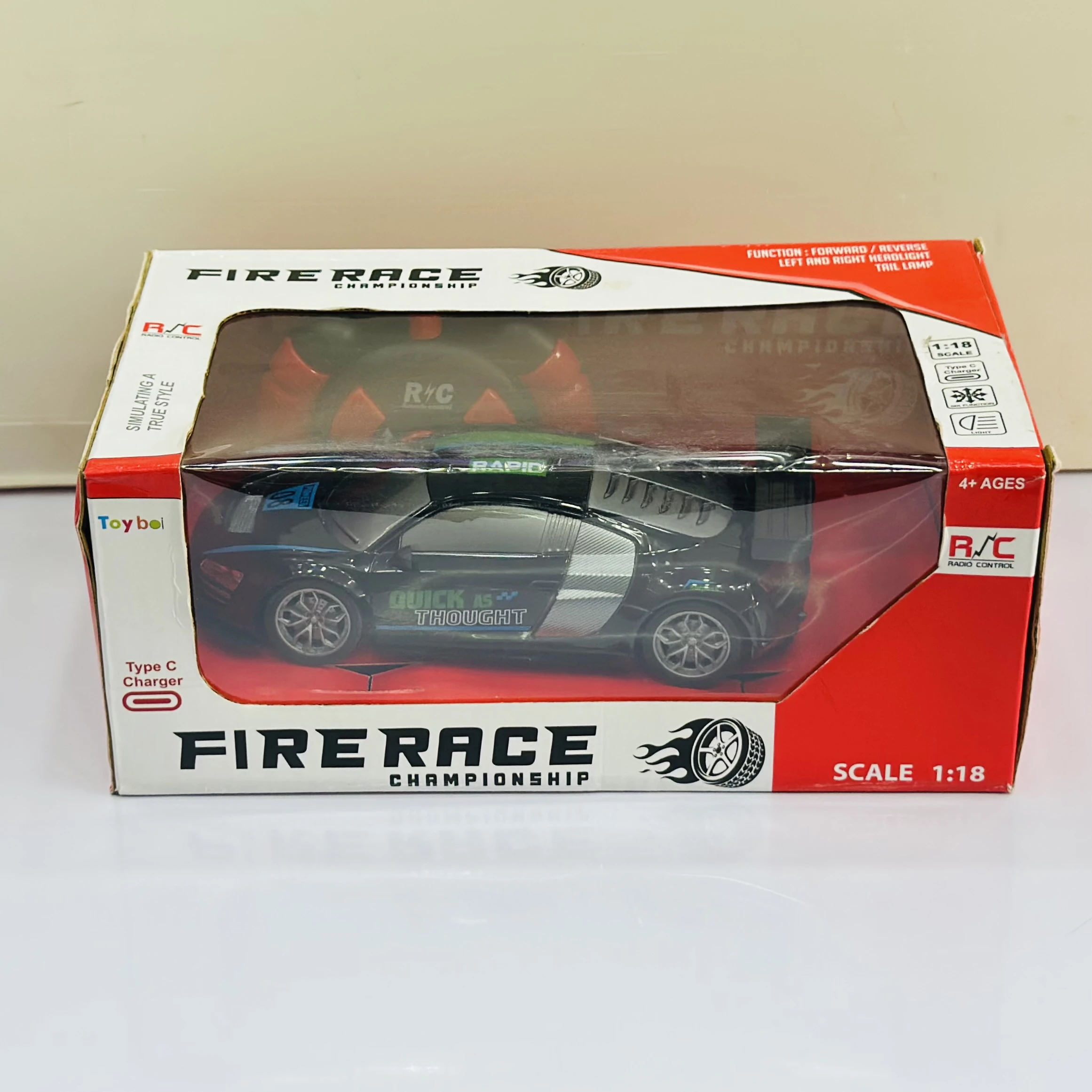 Firerace Championship" 1:18 scale remote-control (R/C) toy car.