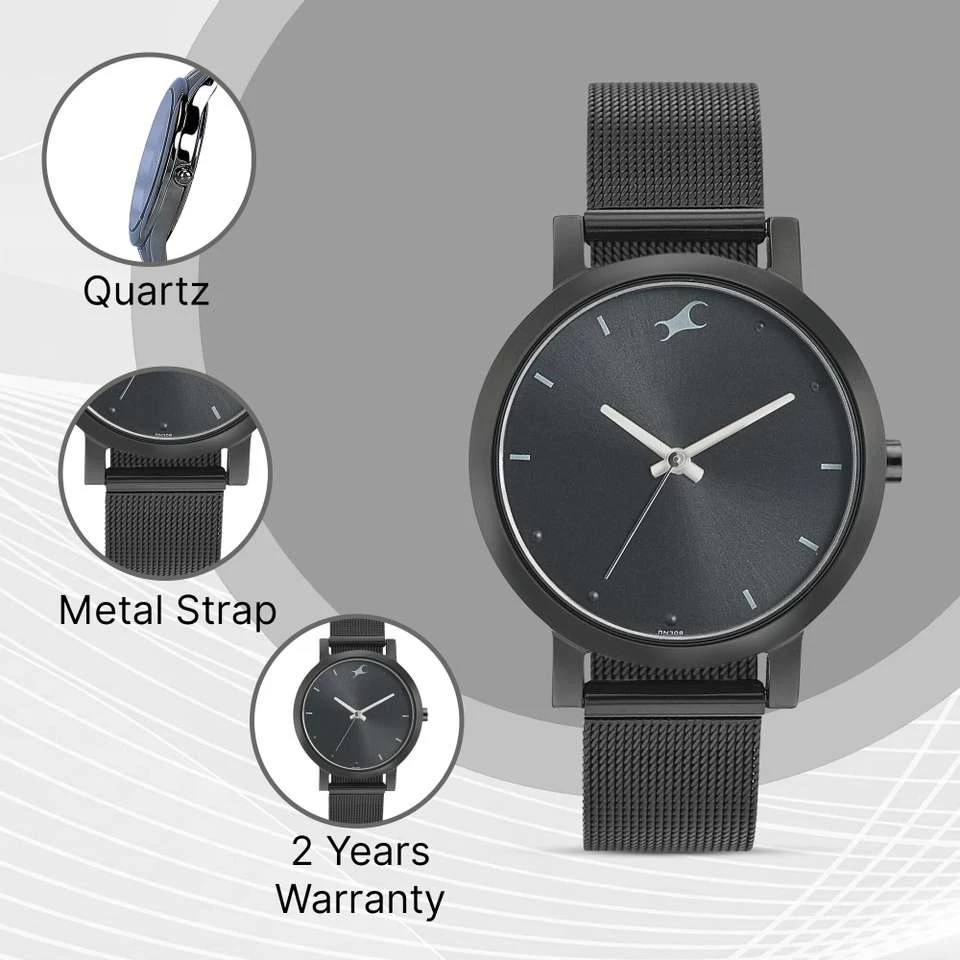 Fastrack Fleek Analog Watch featuring a sleek black dial and a matching black stainless steel mesh strap.