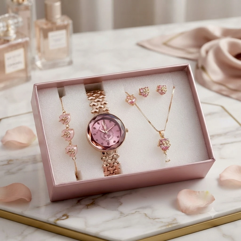 an elegant rose-gold women's watch and jewelry gift set