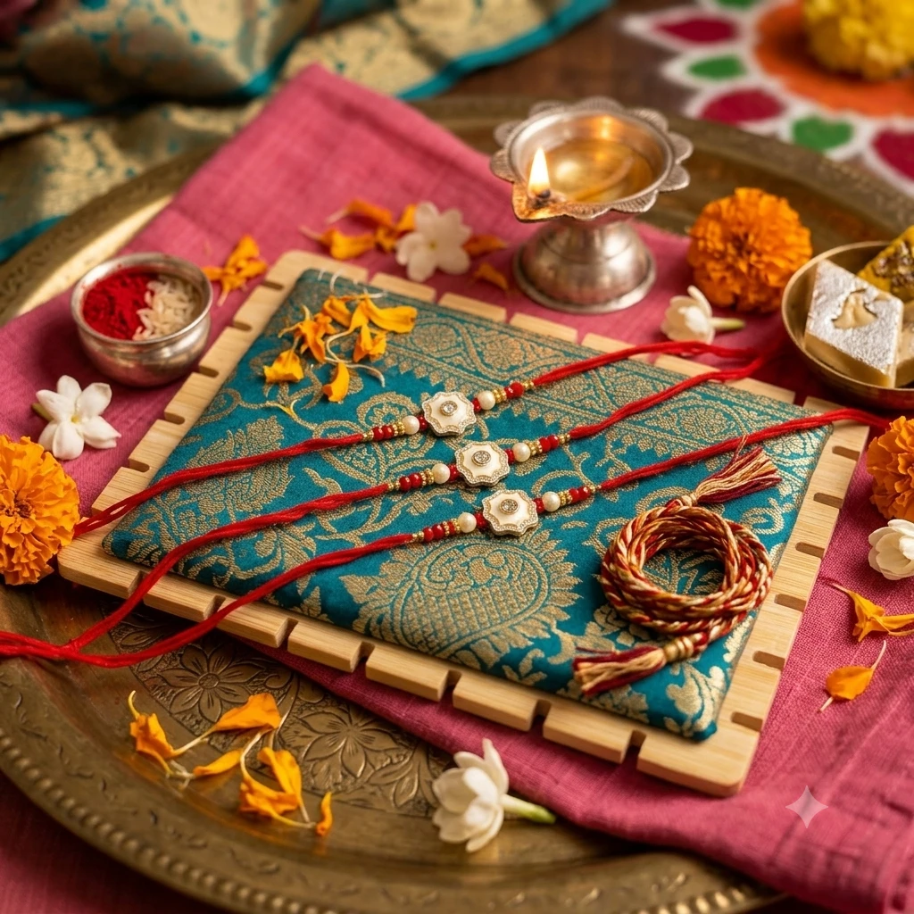 floral-themed Kundan Rakhis feature central white stones surrounded by smaller crystals.