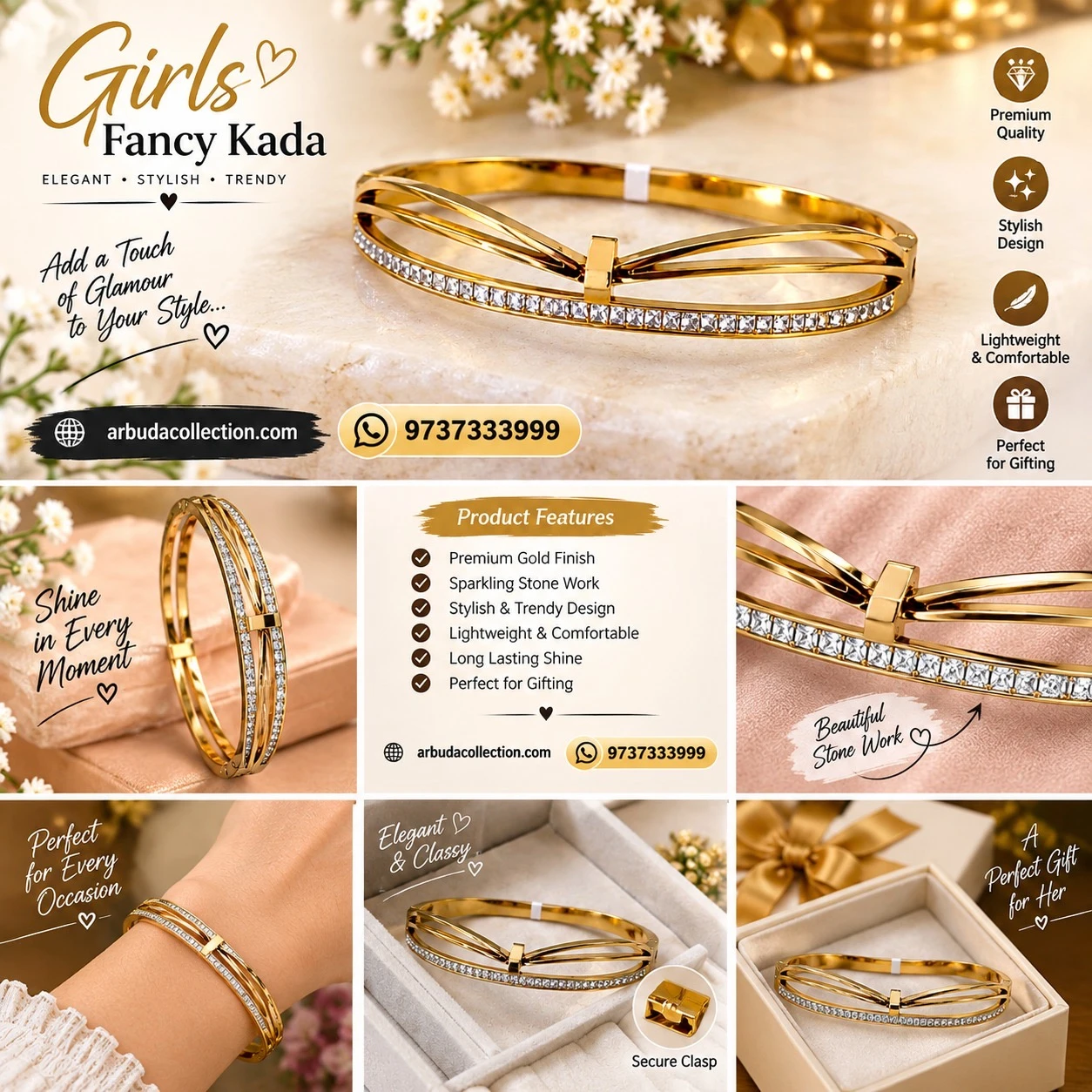 Crystal Gold Stainless Steel Bangle Bracelet