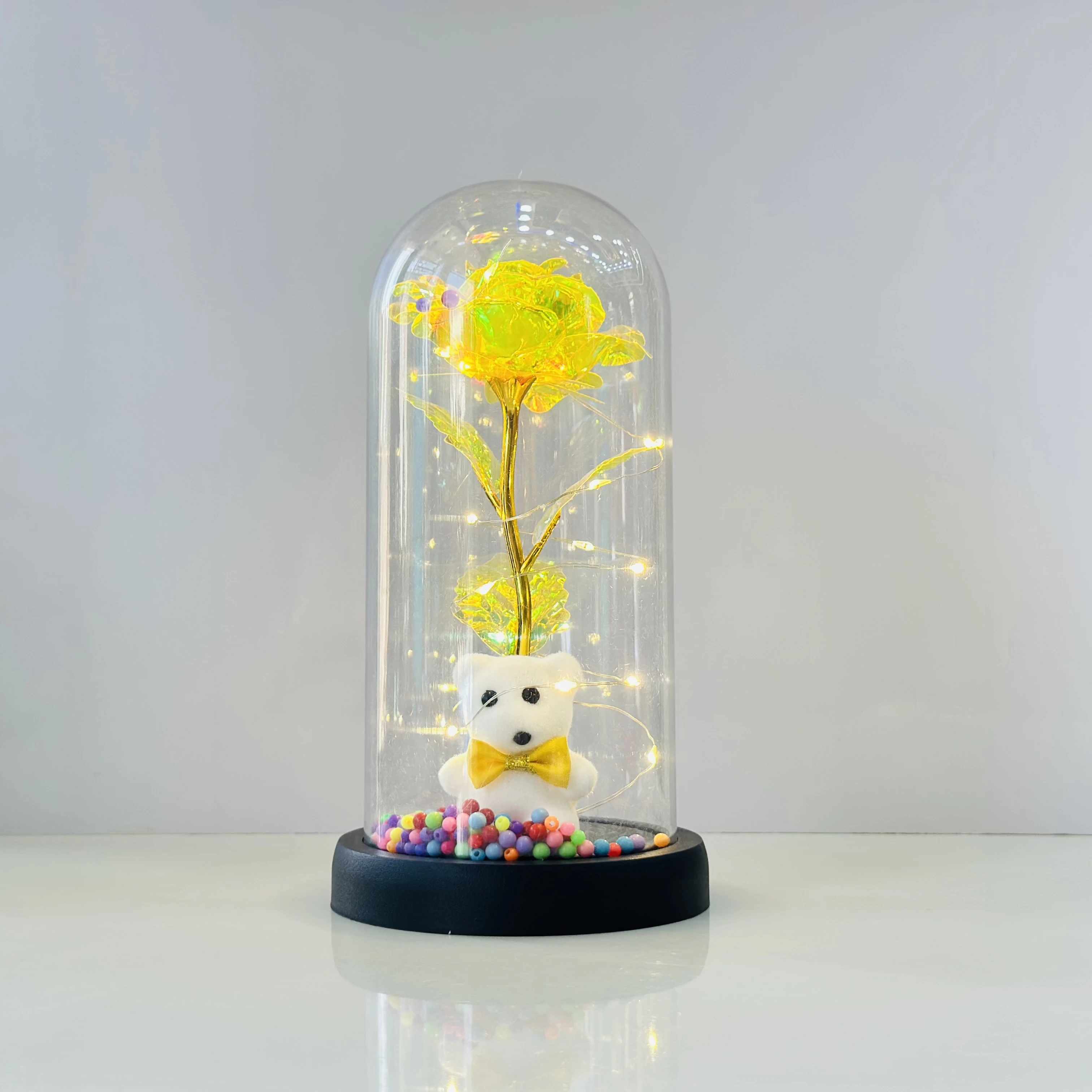 LED lamp featuring a teddy bear and a rose in a glass dome(SKU-HTQG55)
