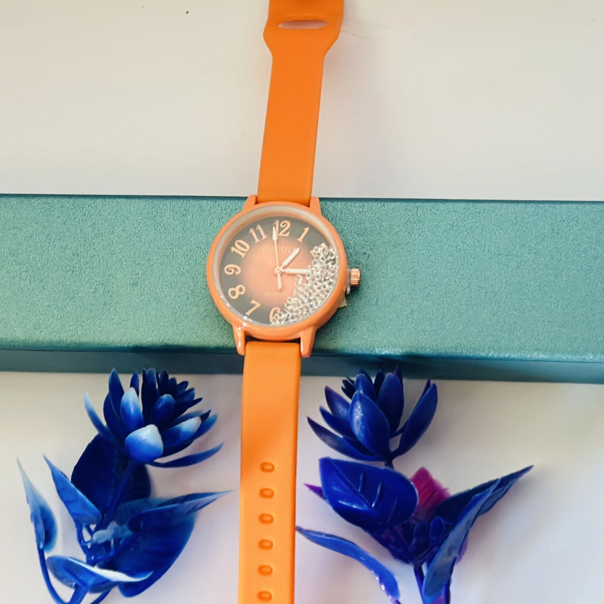 Women's Pop Colour orange aluminium printed dial analogue watch with an orange regular silicon strap.