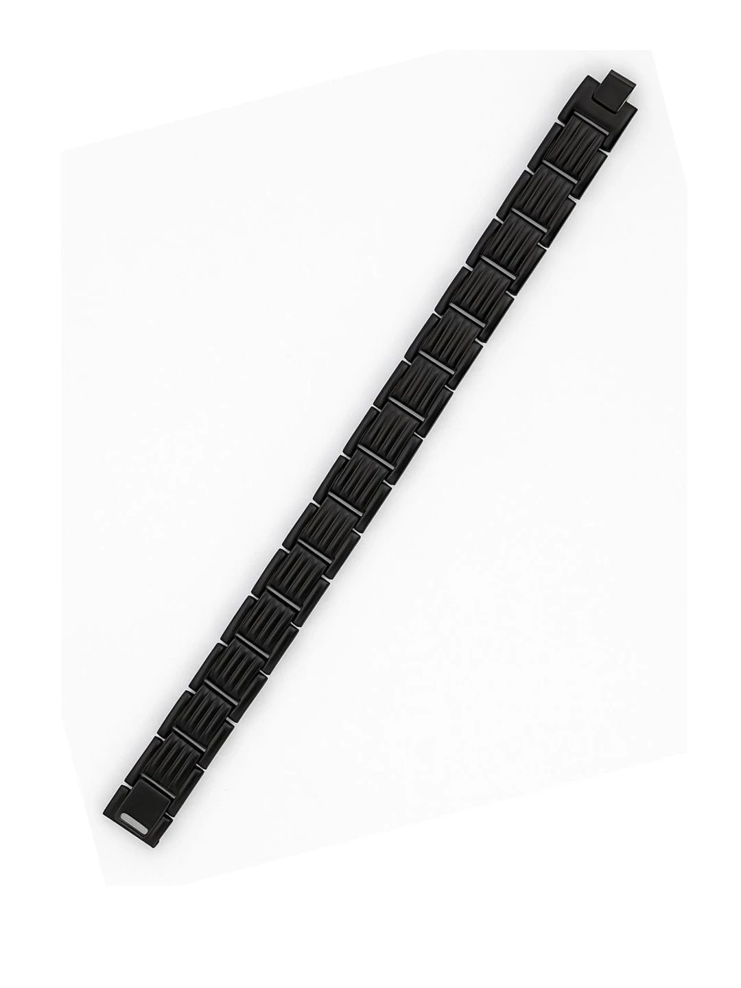 bracelet features a sleek, black metallic design packaged on a white card