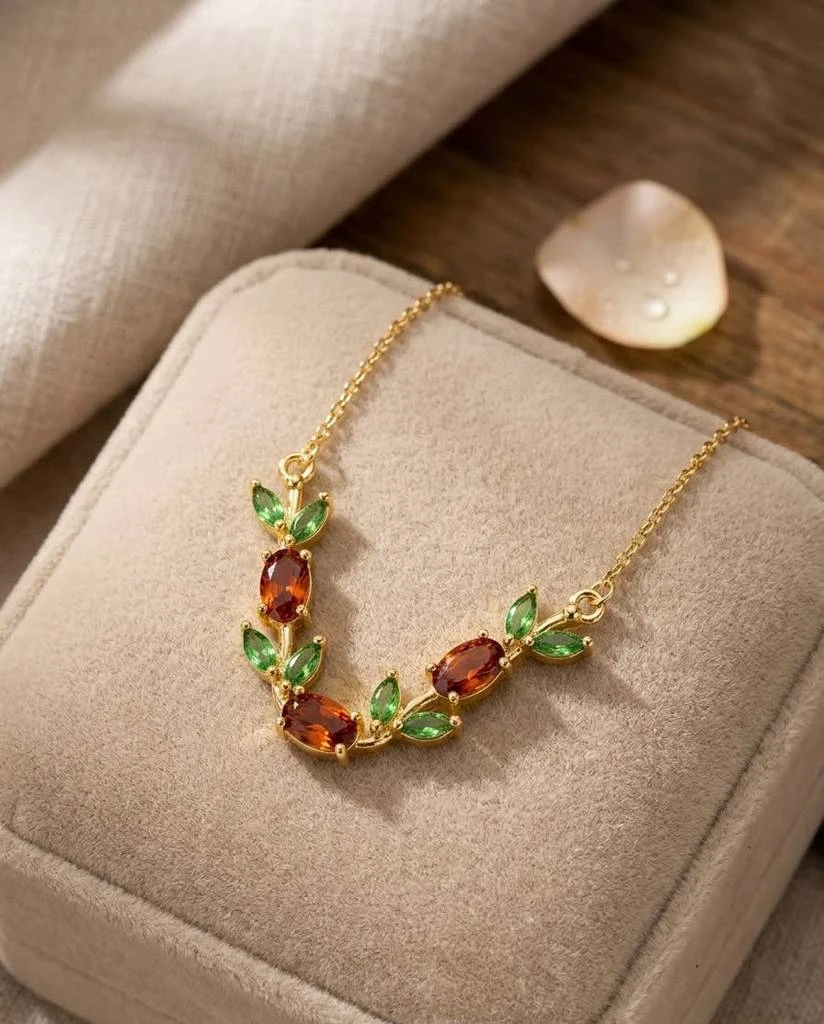 Moncheri Tulip Red Stone Floral Vine Necklace