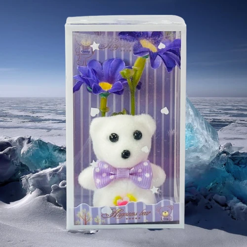 White teddy bear gift set with purple flowers