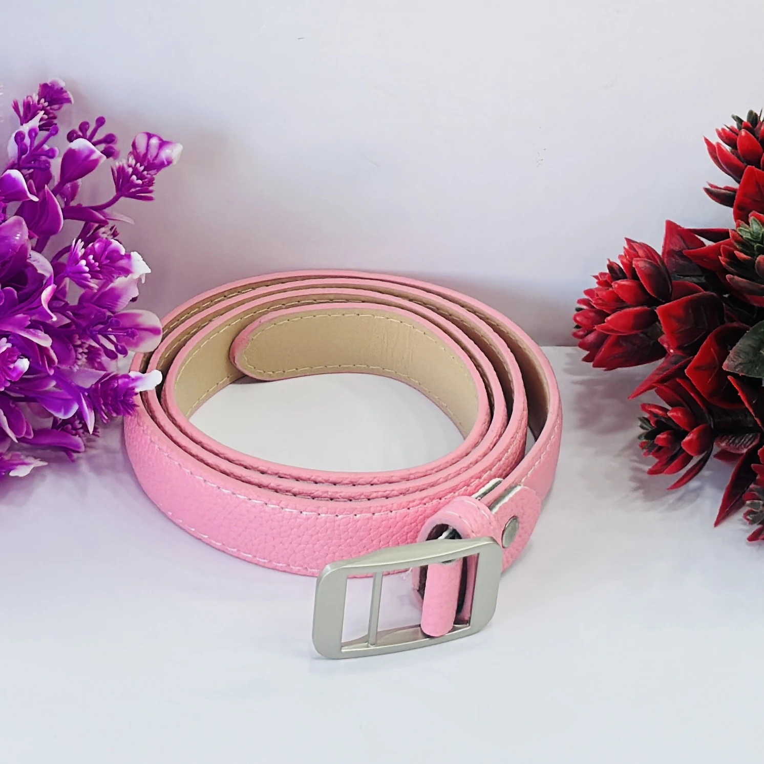 Pink vegan leather women's belt