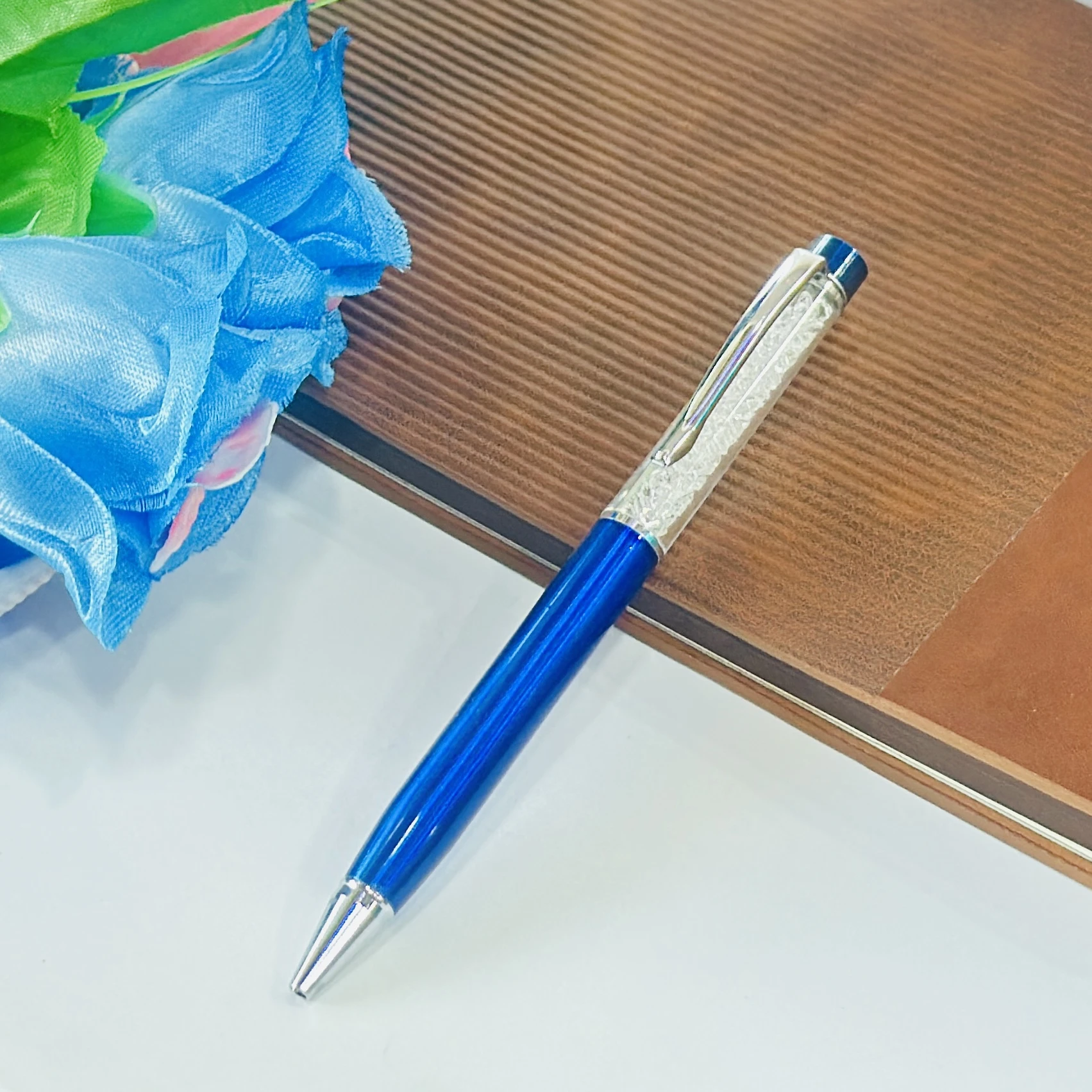 Blue Ink Aluminium Crystal Filled Ball Pen.