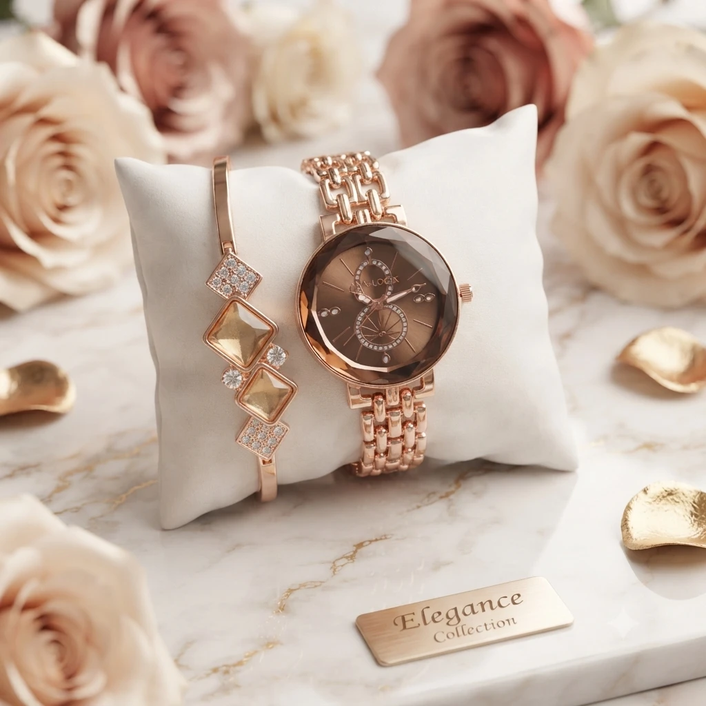 an elegant rose gold women's watch and matching crystal bracelet set