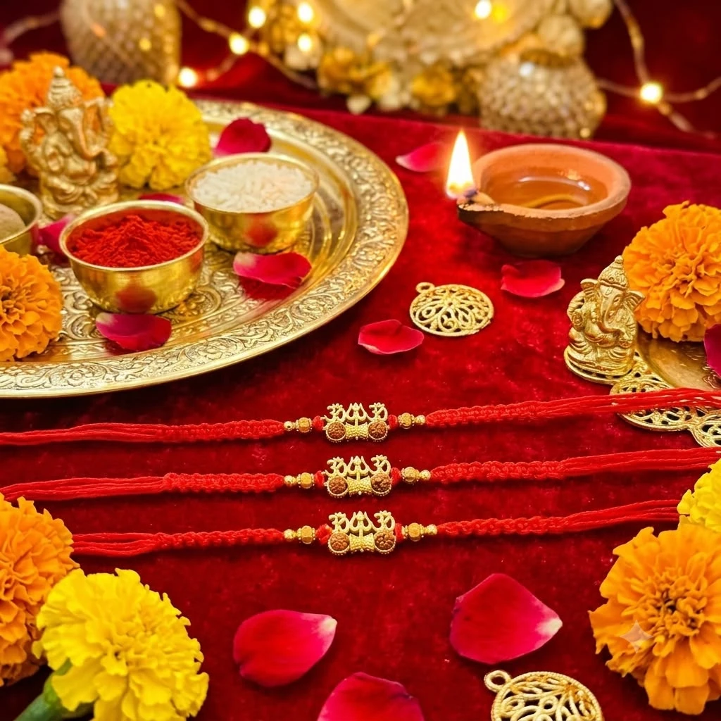 set features handcrafted golden Rakhis with a Ganesha motif.