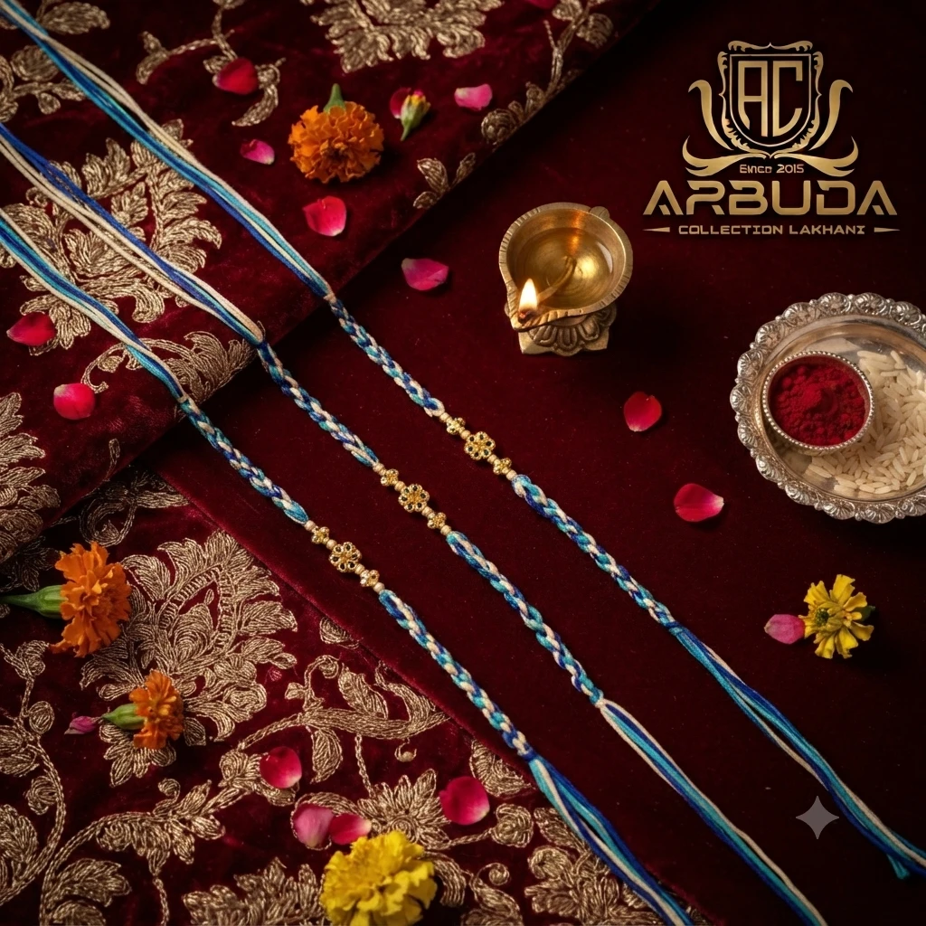 gold-plated, artisanal rakhi bracelets feature a blue and white braided thread design.