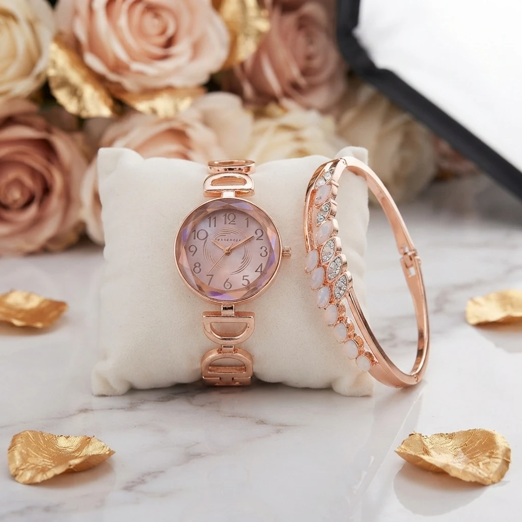 stylish rose gold women's analog watch and matching peacock bracelet set