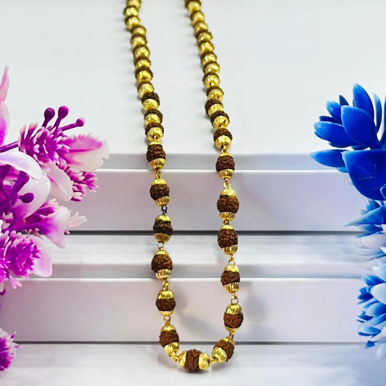 Golden Flower Brown Rudraksha Mala