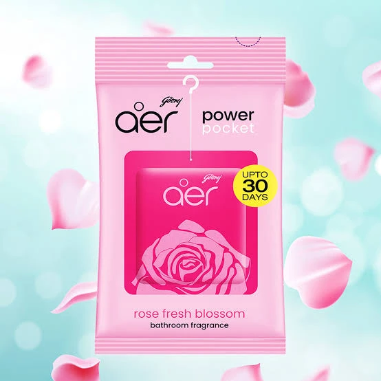 Godrej aer Power Pocket Bathroom Freshener in the Rose Fresh Blossom scent.