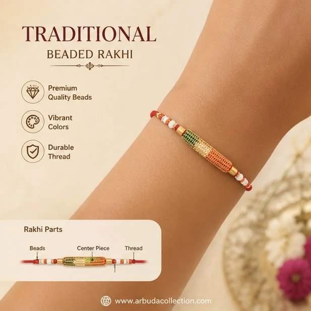 tricolor bead rakhi features a cylindrical charm adorned with saffron, white, and green beads