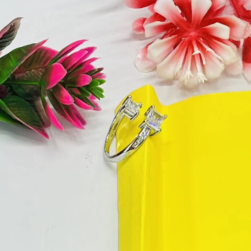 silver-toned ring featuring two prominent princess-cut stones