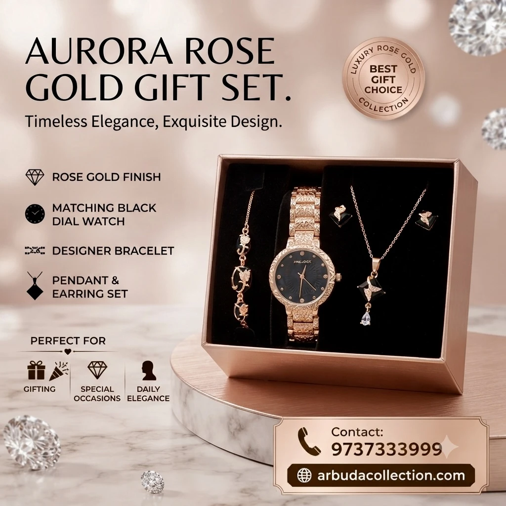 an analog wristwatch and matching jewelry pieces