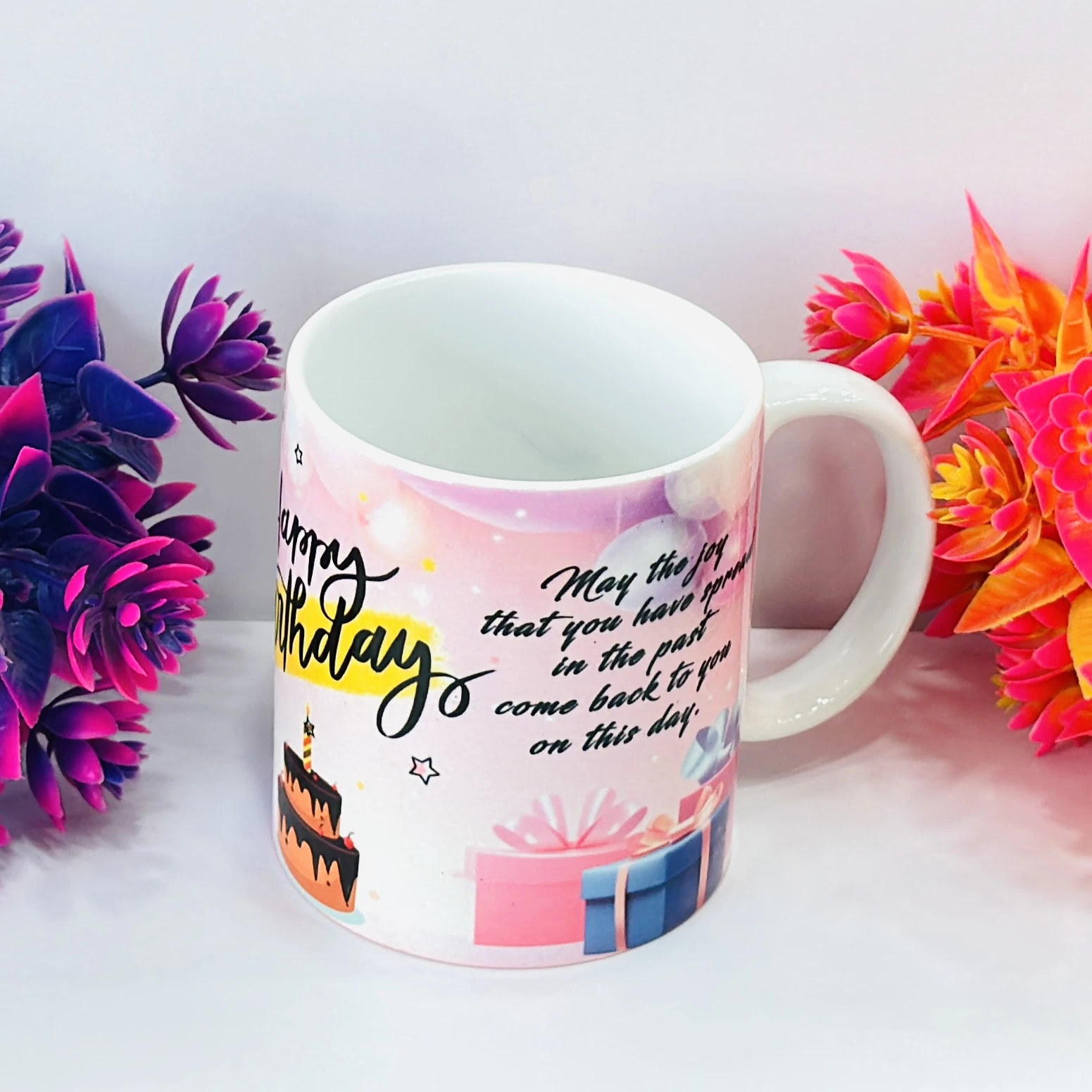 ceramic coffee mug with a "Happy Birthday" quote and gift box design. ….PC7RY3
