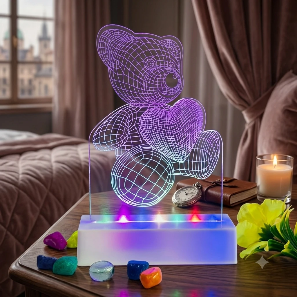 3D illusion LED night light with a teddy bear and heart design.(SKU-LRL754)