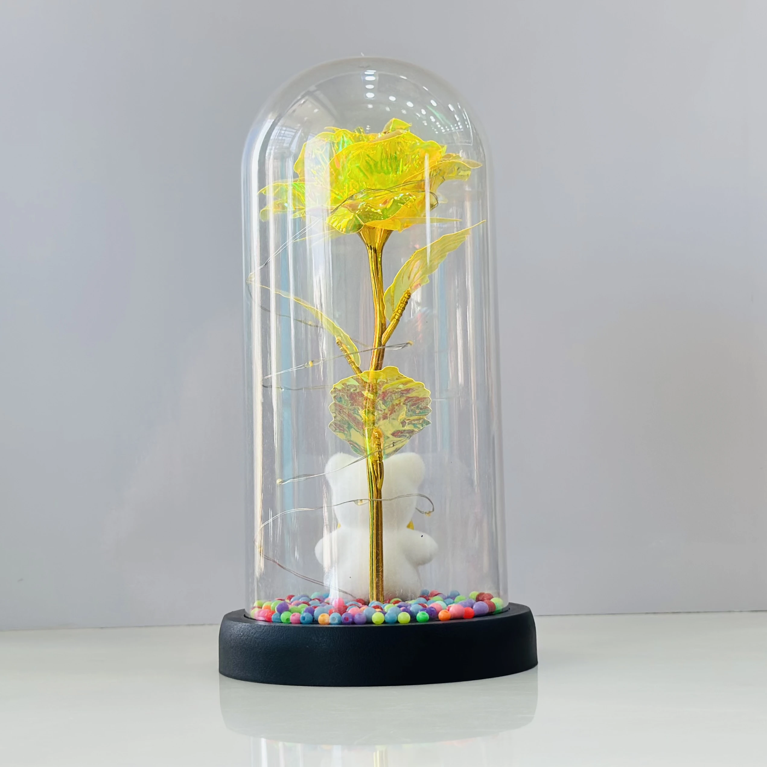 LED lamp featuring a teddy bear and a rose in a glass dome(SKU-HTQG55)