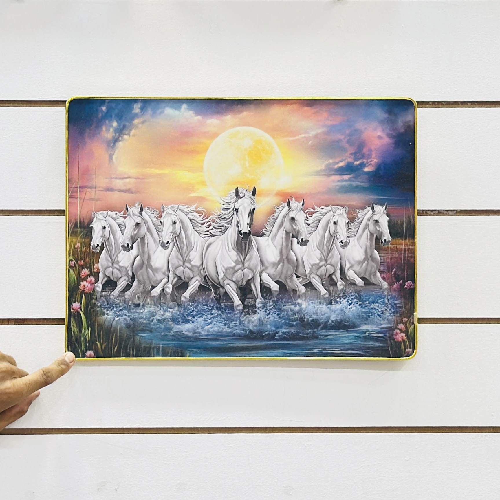 Sunrise White Lucky Seven Running Horses glass wall art…..MUIUCB