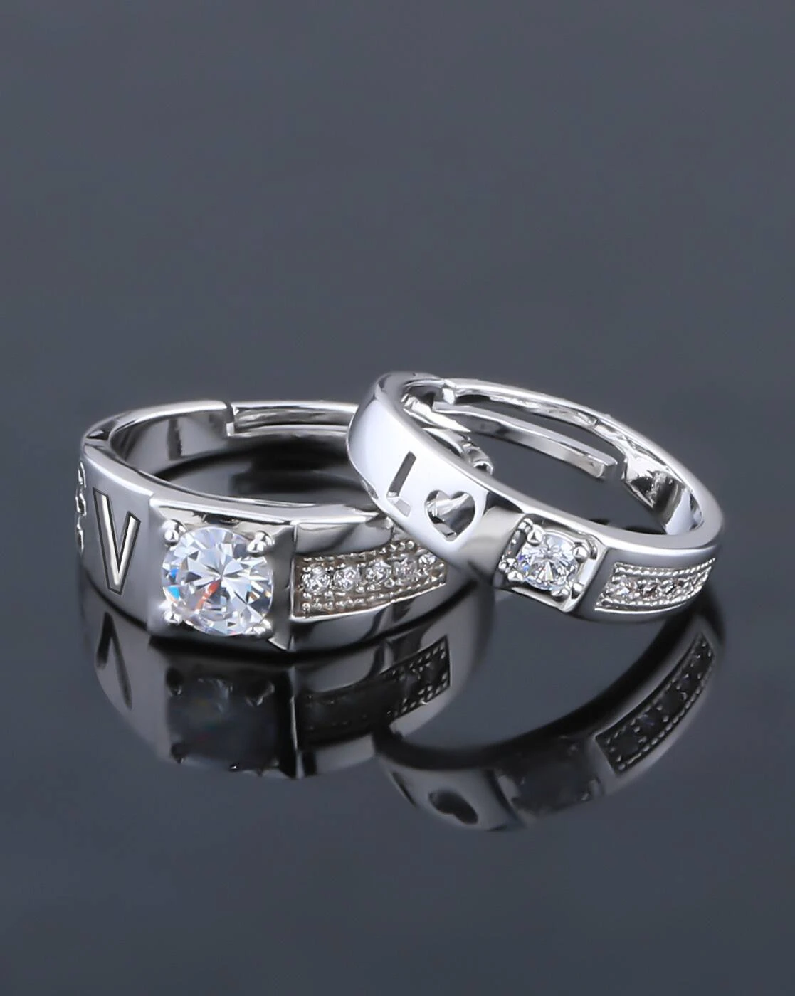 Vendsy Silver Plated Zirconia Studded Ring Set for Couples, featuring "LOVE" lettering on one band.