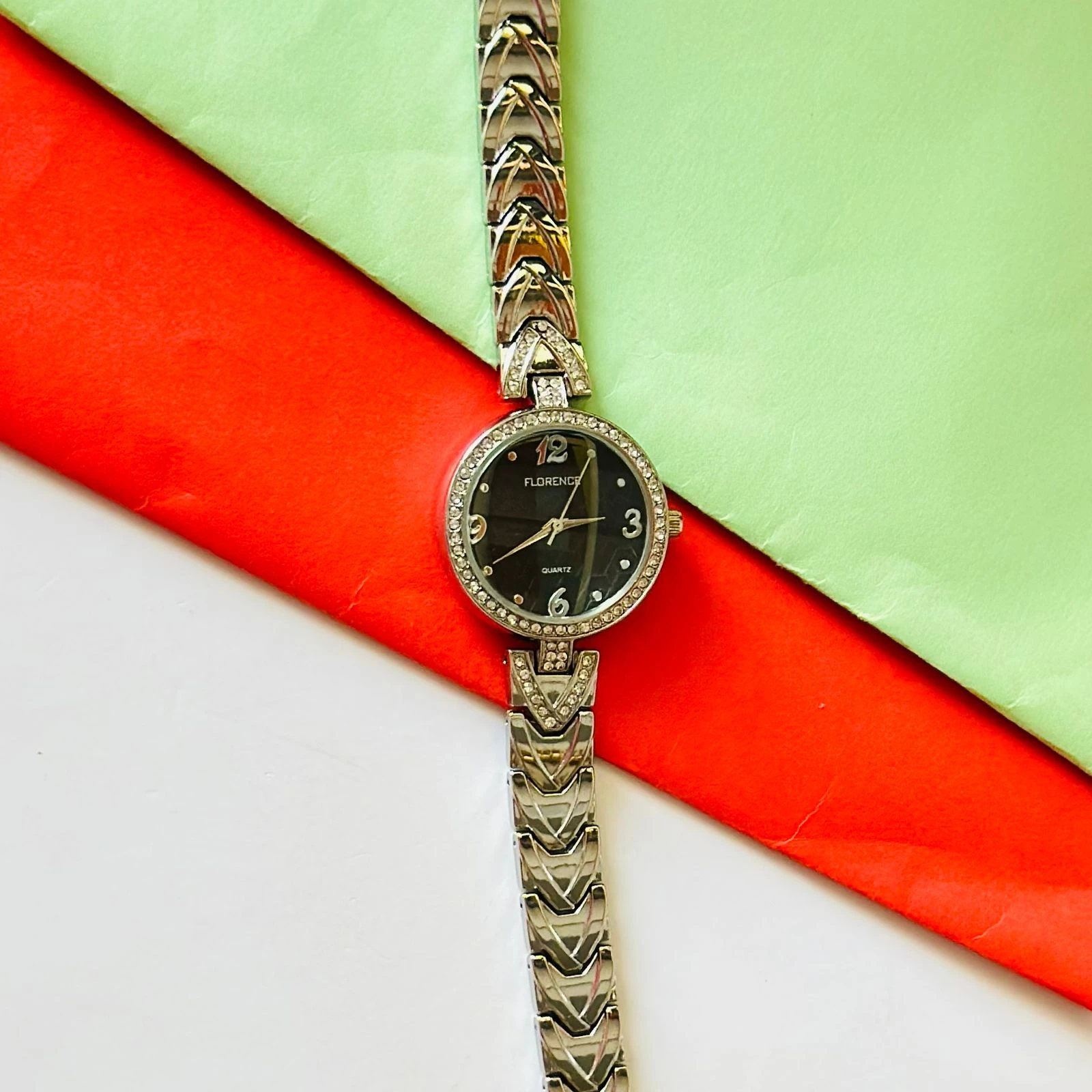 Florence quartz watch with a black dial and a two-tone stainless steel bracelet