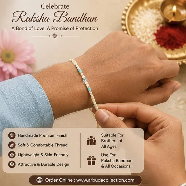 handmade, minimal beaded Rakhi featuring blue and cream braided cotton thread and glass beads.