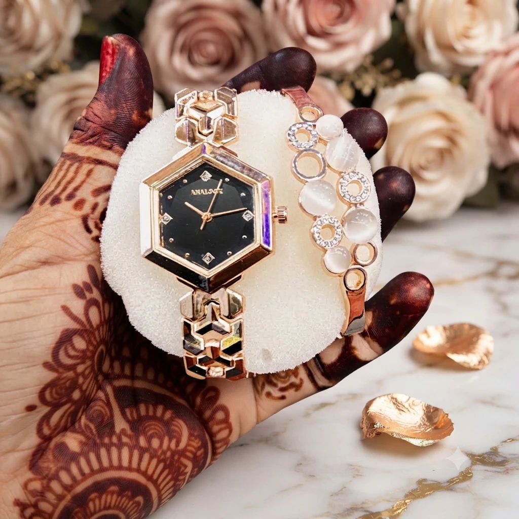 Analogx rose gold analog watch paired with a matching floral crystal-studded bracelet.