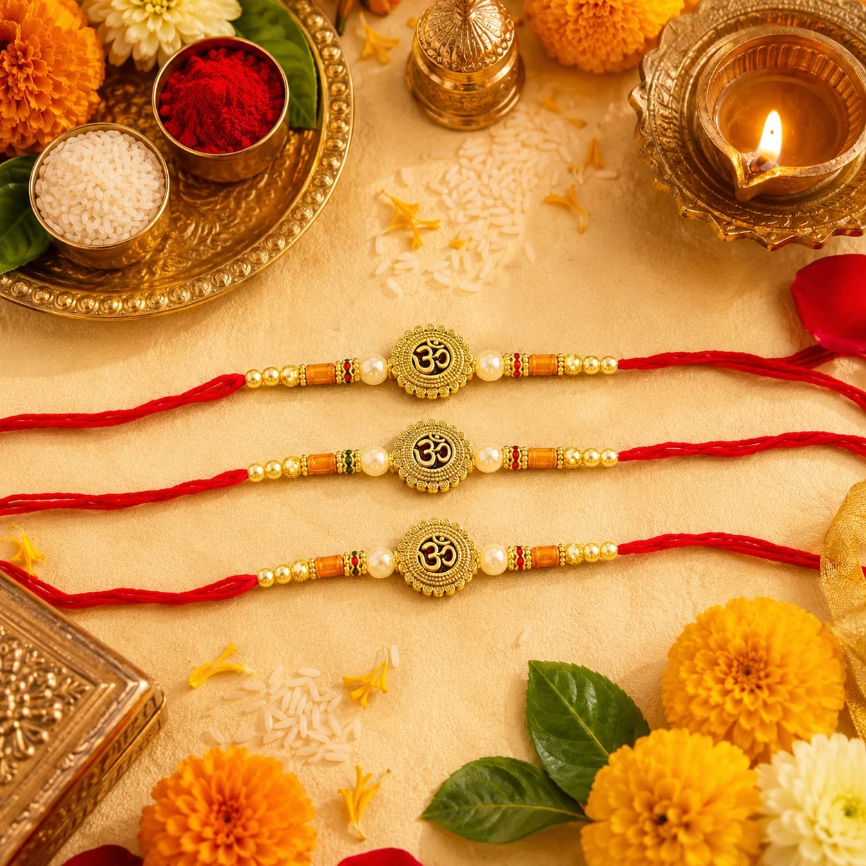 Om designer Rakhis with gold-plated centers and pearl bead accents on red threads
