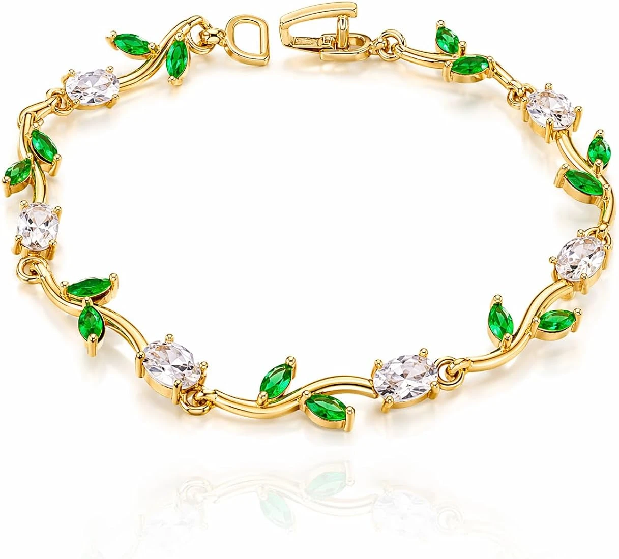 gold plated tulip bracelet featuring white oval crystals and green marquise leaf accents