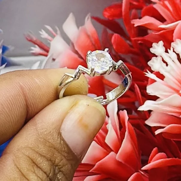 sterling silver solitaire ring featuring a round white stone.