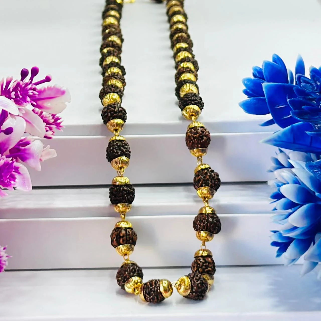 Golden Flower Brown Rudraksha Mala
