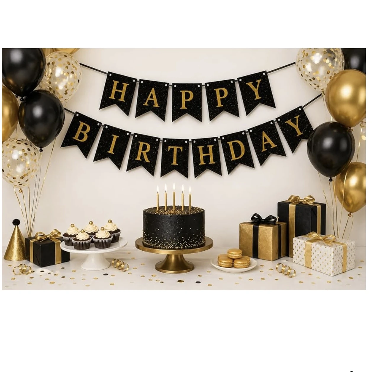 black and gold glitter "Happy Birthday" banner featuring pennant-style cards
