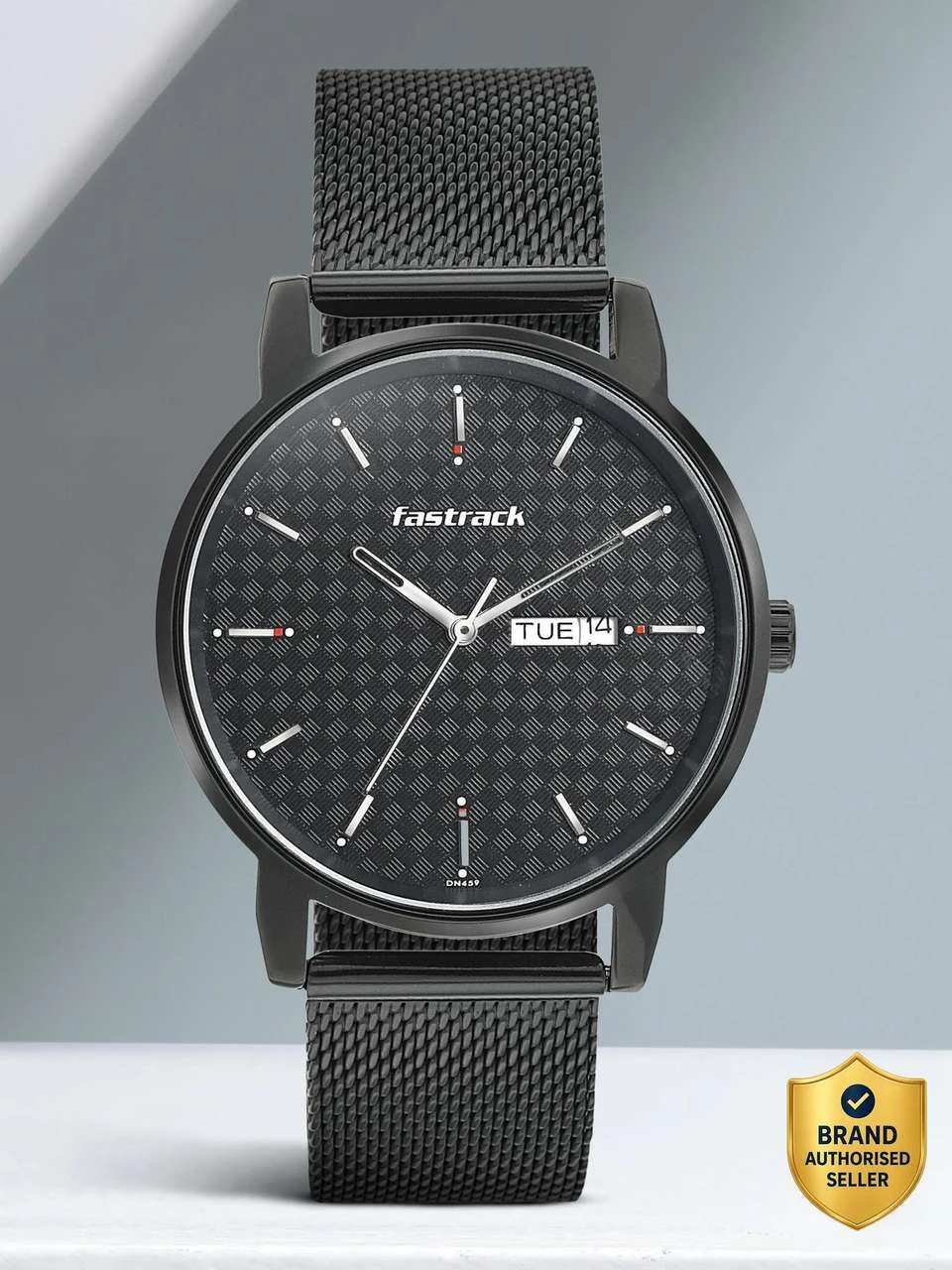 Fastrack FK Exclusive analog watch featuring a textured black dial and a matching black mesh metal strap